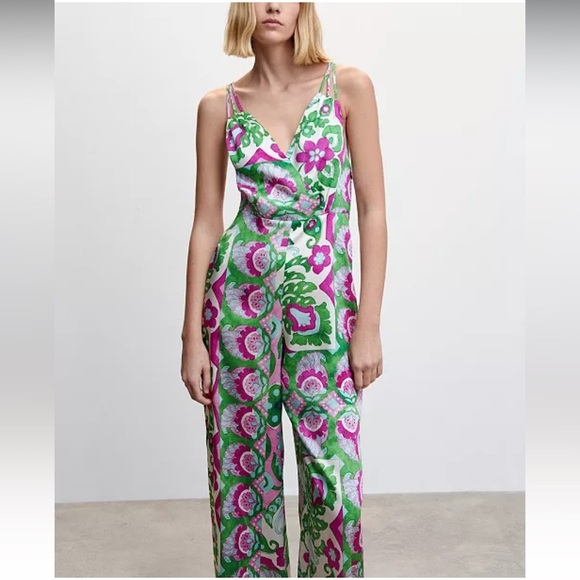 Mango Satin Cross-Back Floral Jumpsuit NWOT - Picture 11 of 13
